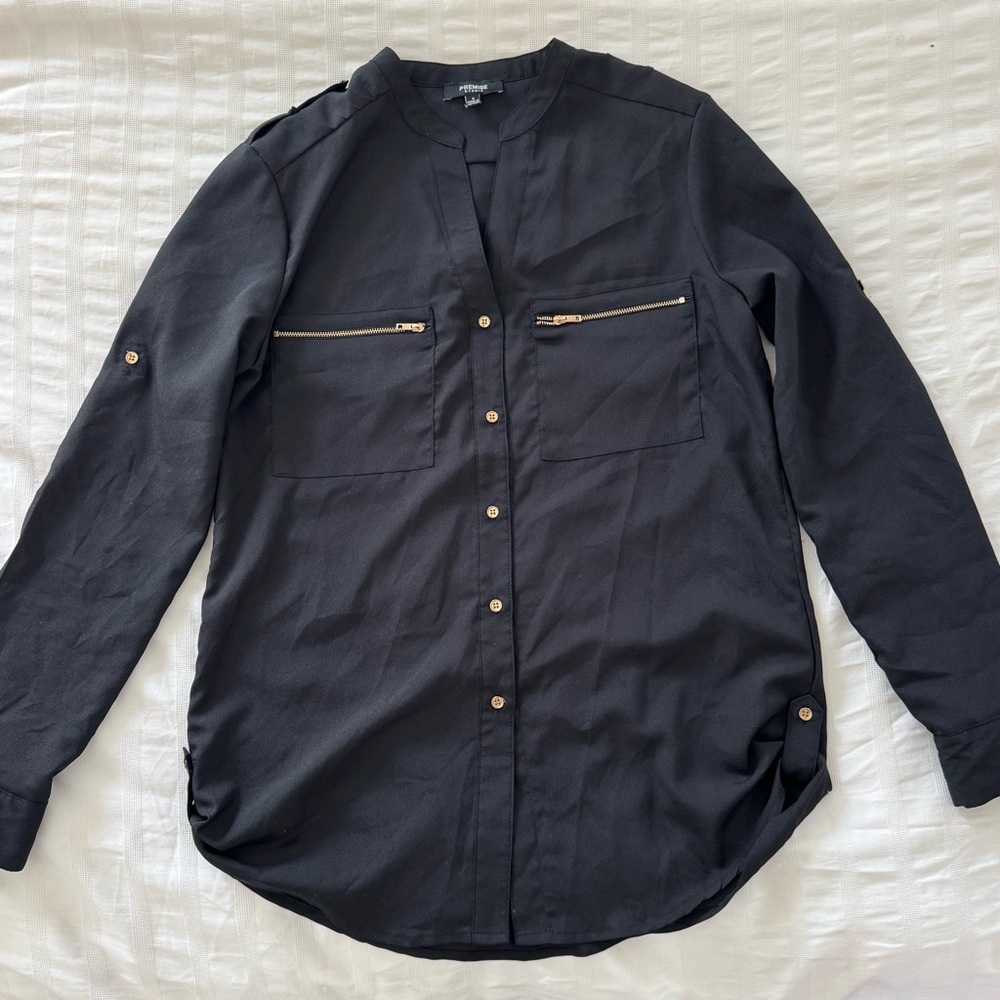 Premise Studio Black Button-Up Shirt with Gold Zipper Pockets